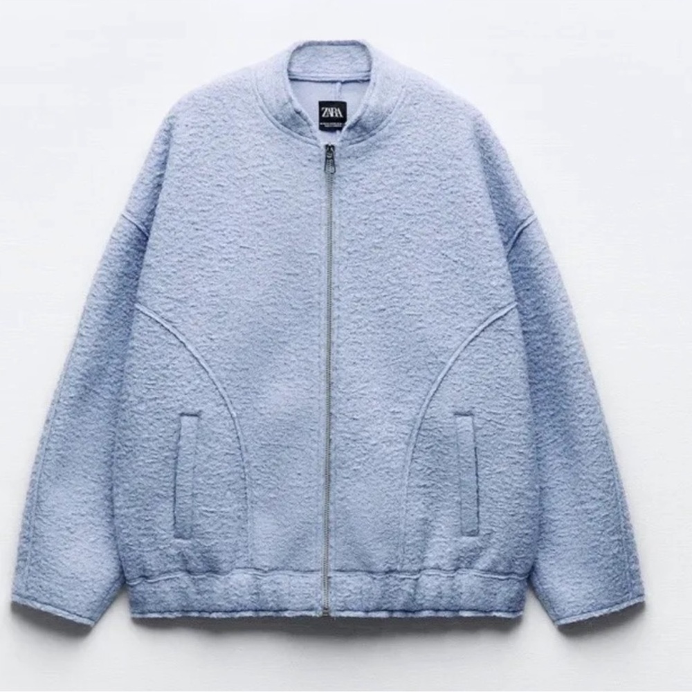Zara Women’s Oversized Boucle Bomber Fleece Sky Blue Jacket. Full Zip. Size M-L